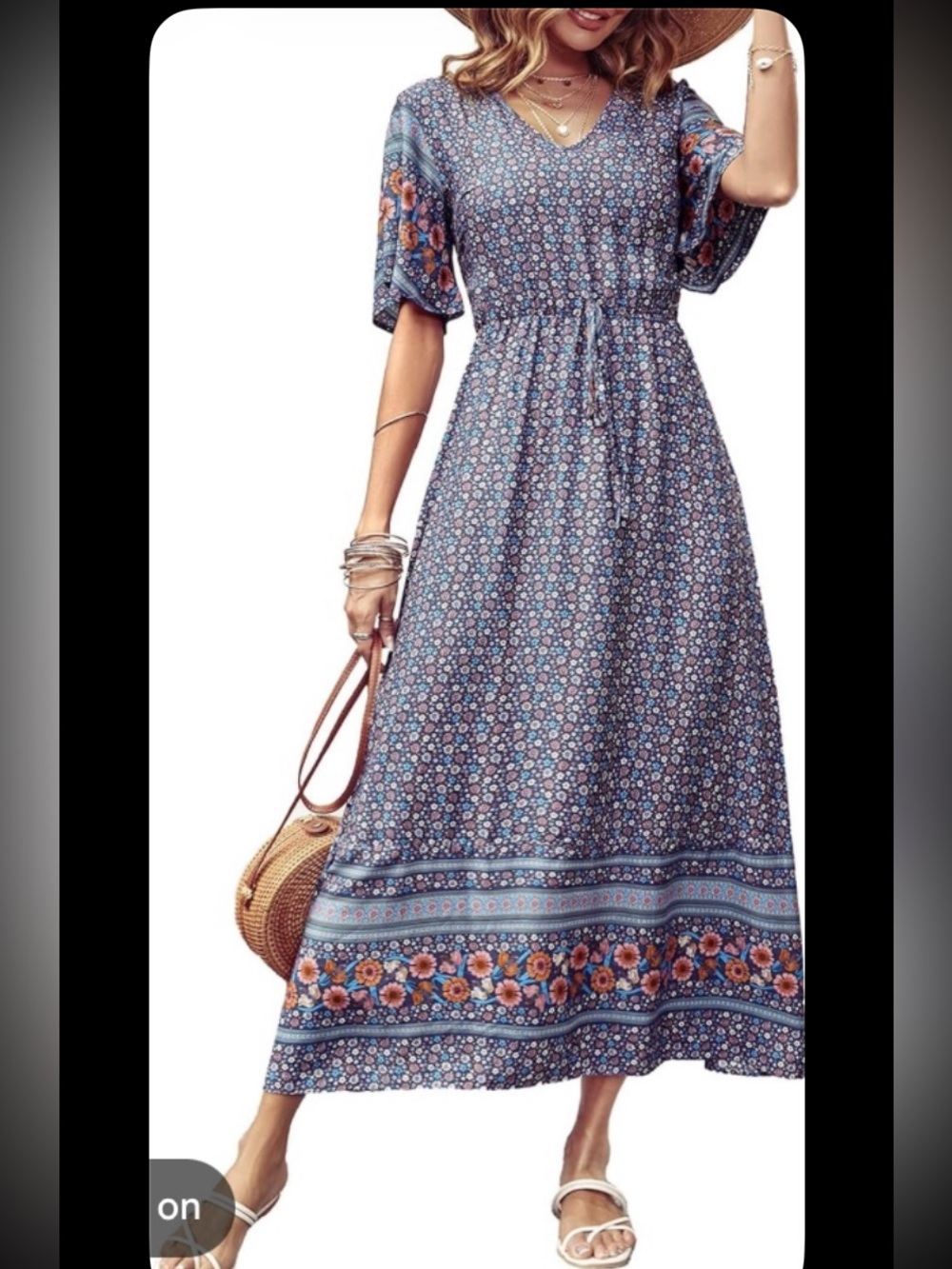 Blue Floral Maxi Dress with Drawstring Waist